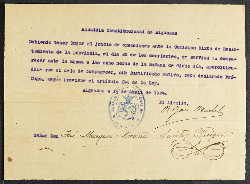 Expediente General de Reclutamiento y Reemplazo de Alguazas. Año 1924.